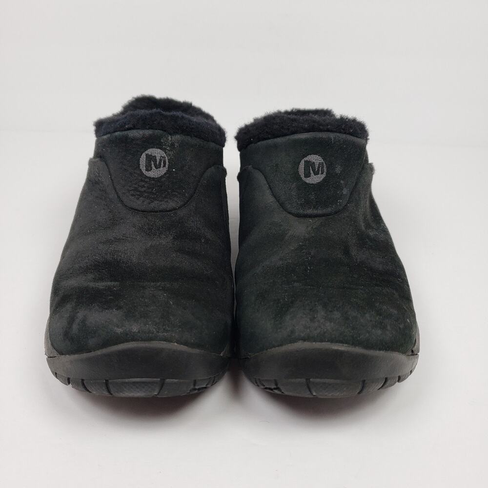 Merrell Encore Q2 Ice Womens Sz 9 Black Leather Slip On Faux Fur Mule Clog Shoes - Picture 6 of 11
